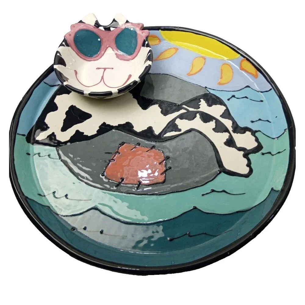Vintage Lanz Russel Ceramic Cat Chip And Dip Platter Set Whimsical Beach 2pc